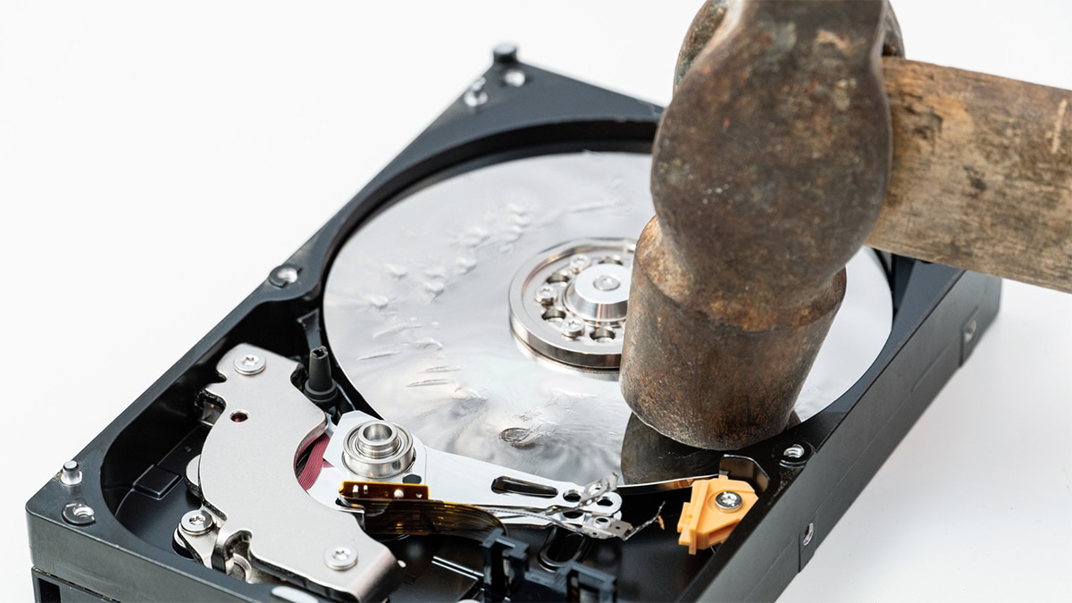 Destroyed hard drive from secure data destruction process