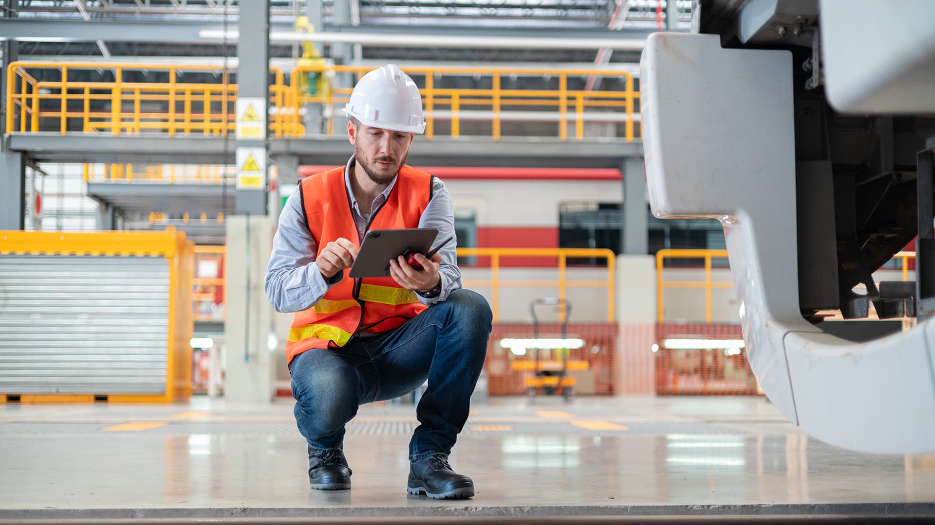 Technician reviewing manufacturing data and access controls on a tablet